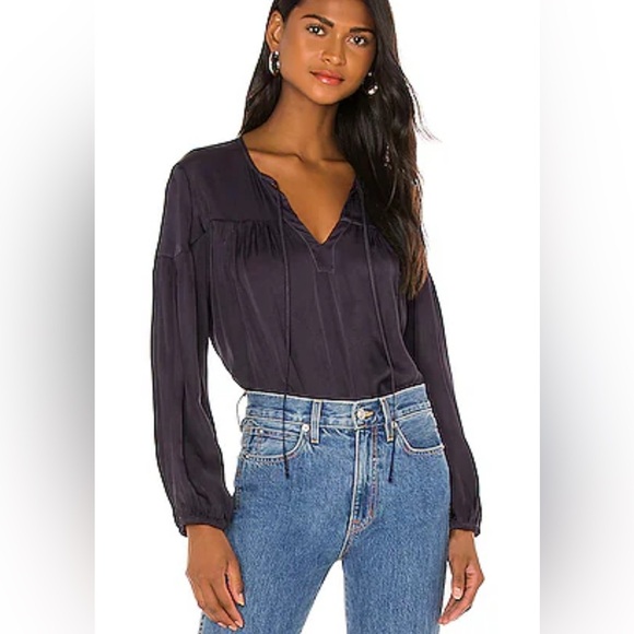 Nation LTD Rochelle Peasant Top Navy Large Shirred Satin Viscose Coastal - Picture 1 of 7